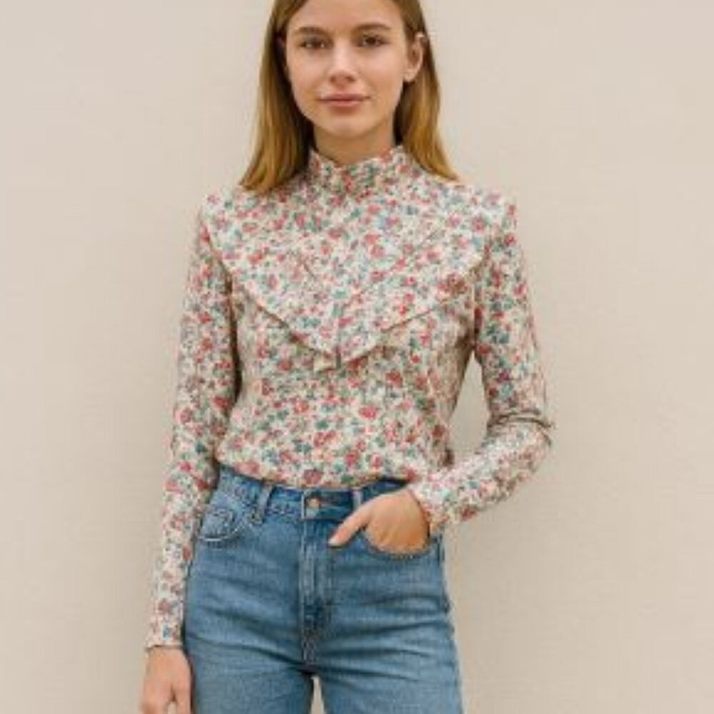 PASTICHE velour ruffle high neck floral long sleeve top size medium fall boho